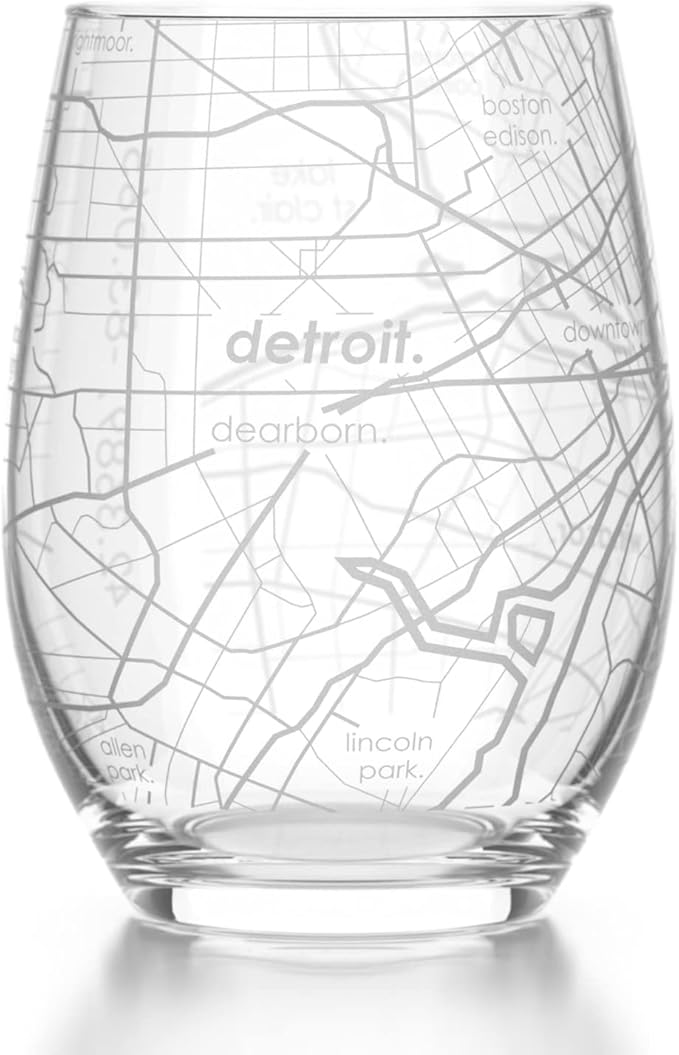 Well Told Engraved Detroit Michigan Map Stemless Wine Glass, Etched Glass (15 oz, Clear) City Custom Gifts for Lovers