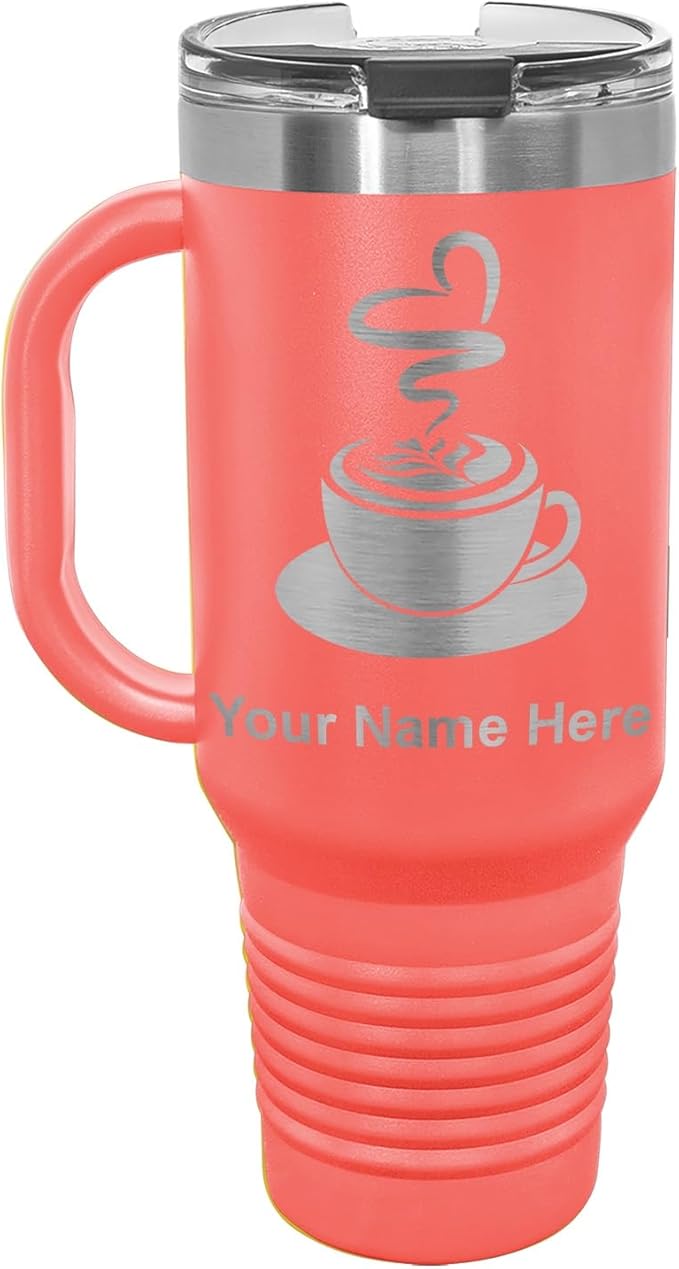 LaserGram 40oz Vacuum Insulated Travel Mug with Handle, Cup of Coffee, Personalized Engraving Included (Coral)