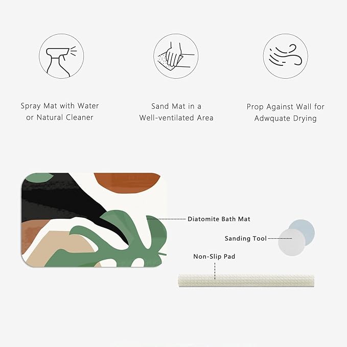 The Leaves Patterns Diatomite Stone Bath Mat Diatomaceous Earth Shower Mat Quick-Dry, Non-Slip, Easy to Clean for Bathroom Floor