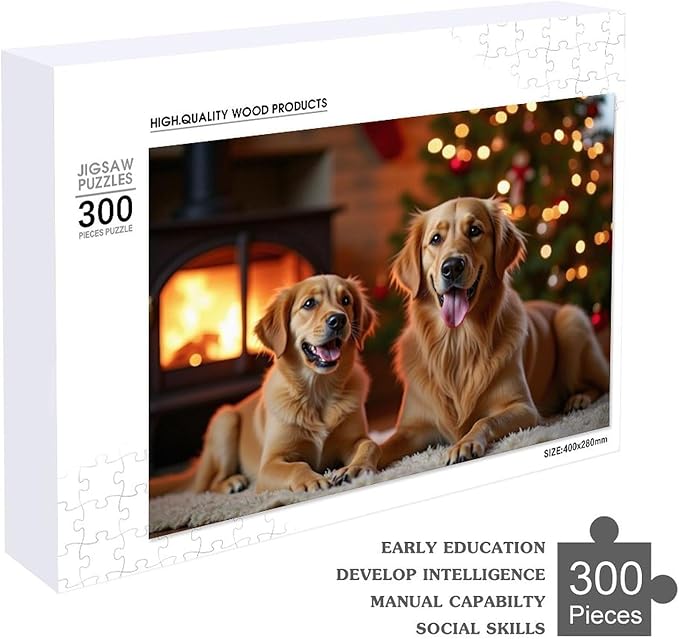 Wooden Puzzle - Golden Retriever in The Christmas House Jigsaw Puzzles，Wooden Puzzles for Adults 300 Pieces Challenge Puzzles，Educational Games，Family Puzzles，Unique Gifts for Wall Art