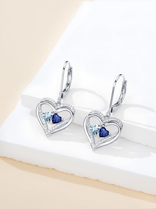 Heart Leverback Earrings Double Birthstone Dangle Earrings for Women, Love Jewelry for Her, Christmas Gifts for Women, Anniversary Birthday Gift for Mom Wife Girlfriend