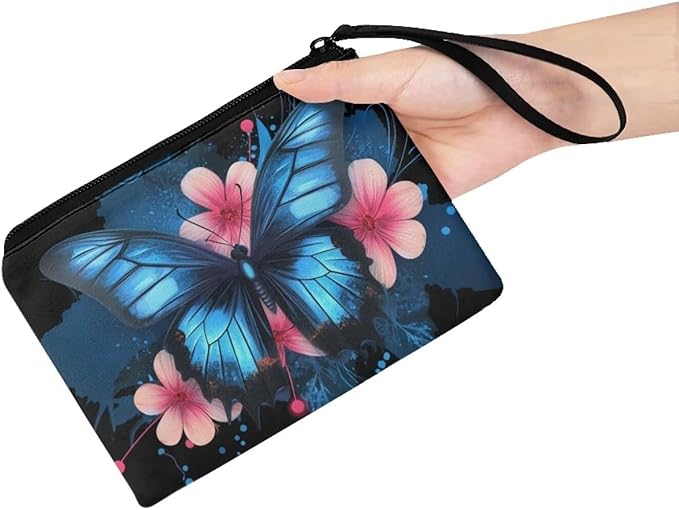 Dolyues Womens Coin Purse Black Change Pouch, Clutch Bags Card Cash Wallet, Zipper Around Coins/Phone Organizer Bag Storage Wallets Blue Butterfly and Pink Flower