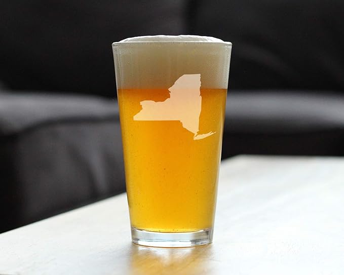 Bevvee New York State Outline Pint Glass for Beer - State Themed Drinking Decor and Gifts for New Yorker Women & Men - 16 Oz Glasses