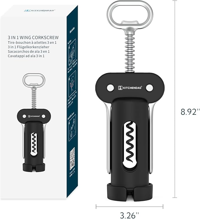 KITCHENDAO 3 in 1 Wing Corkscrew Wine Bottle Opener with Foil Cutter, Built-in Beer Bottle Opener, Multifunctional Wine Opener with Non-Stick Sharp Screw, Easy to Use, Manual Wine Corkscrew, Black