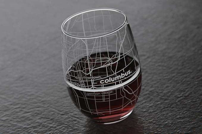 Well Told Engraved Columbus Ohio Map Stemless Wine Glass, Etched Glass (15 oz, Clear) City Custom Gifts for Lovers