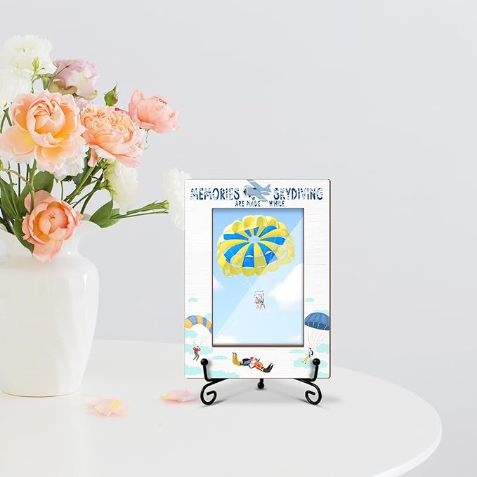 Skydiving Themed Photo Frame, Vacation Souvenir Gift for Sky-High-Thrill Seeker, Keepsake for Skydivers, 4x6 Wooden Picture Frame with Iron Stand for Tabletop Desktop Display, Home Table Decor -044