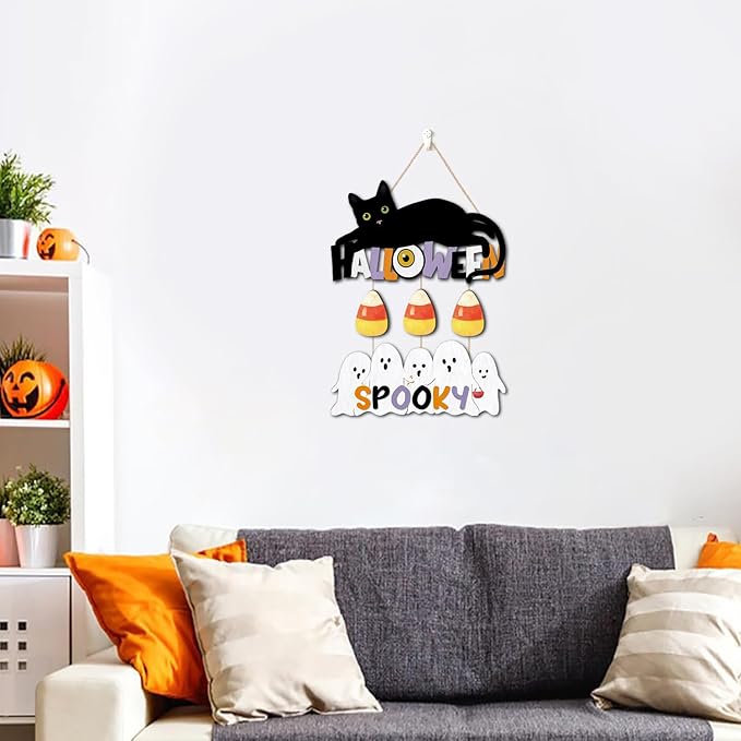 CHDITB Halloween Black Cat Wooden Sign, Spooky Ghosts Wooden Hanging Plaque, Festive Halloween Front Door Sign, Halloween Wall Art Hanger for Thanksgiving Halloween Party Decoration