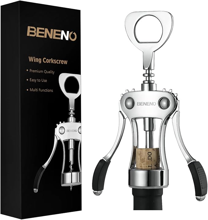 Beneno Wine Opener, Zinc Alloy Premium Wing Corkscrew with Multifunctional Bottles Opener, Sharp Wine Corkscrew with Ergonomic Non-Slip Wing Handle, Silver