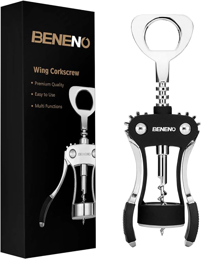 Beneno Wine Opener, Zinc Alloy Premium Wing Corkscrew with Multifunctional Bottles Opener, Sharp Wine Corkscrew with Ergonomic Non-Slip Wing Handle, Upgrade Black