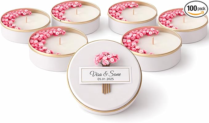 Personalized Natural Soy Wax Wedding Favor Candle Gift Set for Guest - Fall Winter Christmas Custom Dried Flower Bridal Baby Shower Gifts in Bulk (100 Pieces, Pink Flower)