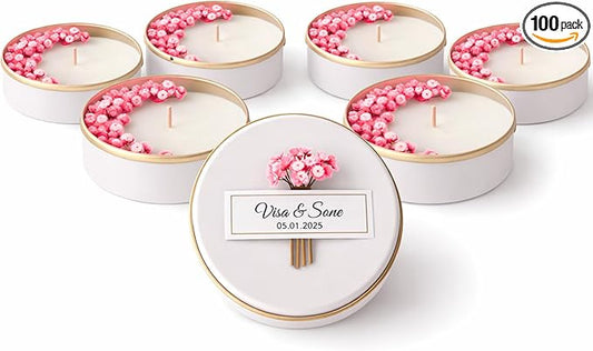 Personalized Natural Soy Wax Wedding Favor Candle Gift Set for Guest - Fall Winter Christmas Custom Dried Flower Bridal Baby Shower Gifts in Bulk (100 Pieces, Pink Flower)