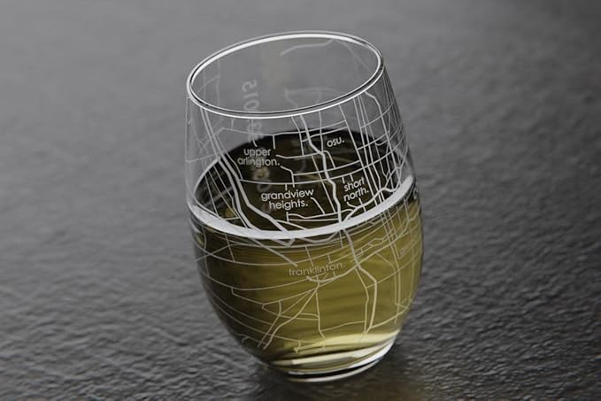 Well Told Engraved Columbus Ohio Map Stemless Wine Glass, Etched Glass (15 oz, Clear) City Custom Gifts for Lovers