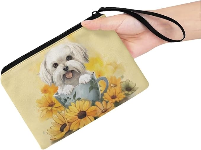 Dolyues Cute Dog Coin Purse for Women with Wrist Strap, Sunflower Wallet Travel Money Coin Bag Handbag Zipper Change Pouch