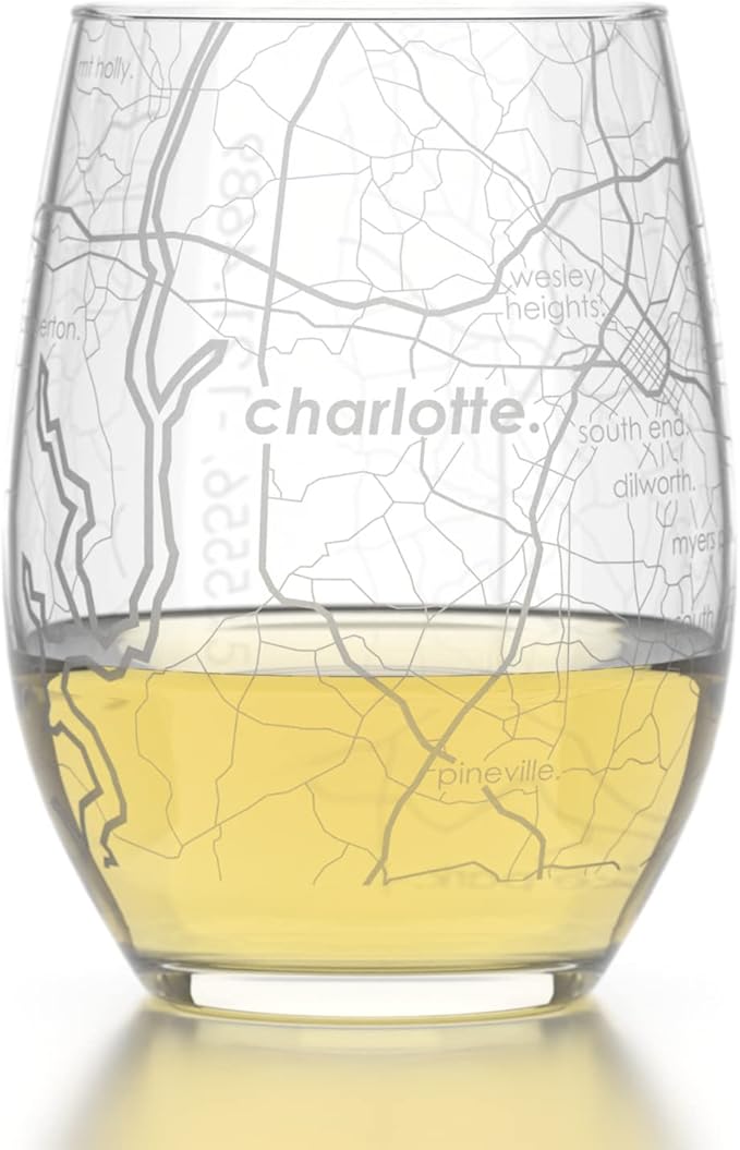 Well Told Engraved Charlotte North Carolina Map Stemless Wine Glass, Etched Glass (15 oz, Clear) City Custom Gifts for Lovers