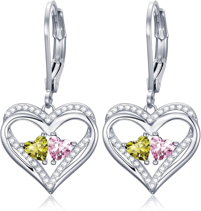 Heart Leverback Earrings Double Birthstone Dangle Earrings for Women, Love Jewelry for Her, Christmas Gifts for Women, Anniversary Birthday Gift for Mom Wife Girlfriend