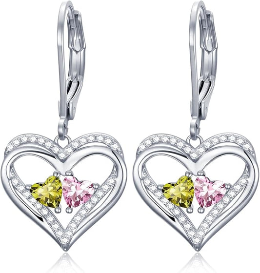 Heart Leverback Earrings Double Birthstone Dangle Earrings for Women, Love Jewelry for Her, Christmas Gifts for Women, Anniversary Birthday Gift for Mom Wife Girlfriend