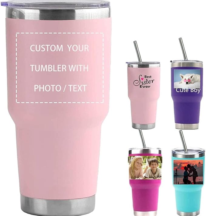 Personalized Photo 20oz 30oz Stainless Steel Tumbler,Custom Coffee Tumbler Cup With Lid And Strawstraw Vacuum Insulated With Text Photo Logo (Pink(20oz/30oz))