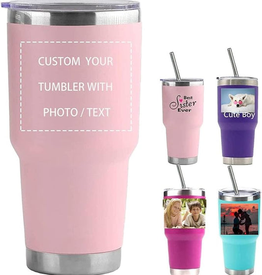 Personalized Photo 20oz 30oz Stainless Steel Tumbler,Custom Coffee Tumbler Cup With Lid And Strawstraw Vacuum Insulated With Text Photo Logo (Pink(20oz/30oz))