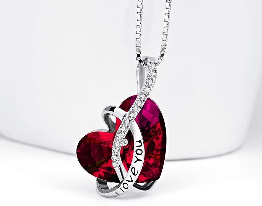 AOBOCO I Love You Sterling Silver 12 Birthstone Heart Pendant Necklace Embellished with Crystals from Austria, Mother's Day Anniversary Birthday Jewelry Christmas Gifts for Women Grandma Nana