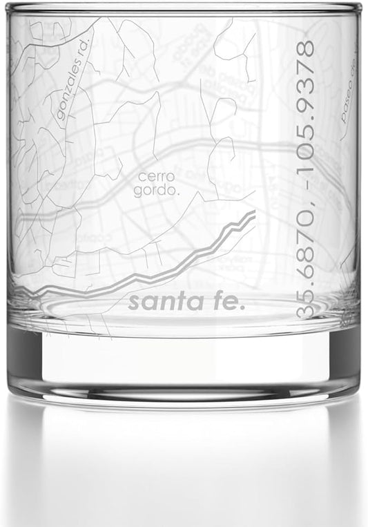 Well Told Engraved Santa Fe New Mexico Map Rocks Glass, Old Fashioned Glassware (11 oz, Clear) Etched Bourbon Tumbler, Gifts For Whiskey Lovers