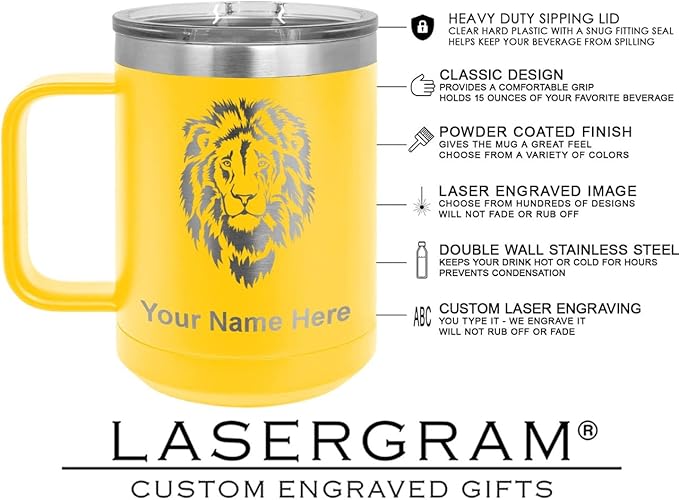 LaserGram 15oz Vacuum Insulated Coffee Mug, Widow Spider, Personalized Engraving Included (Yellow)