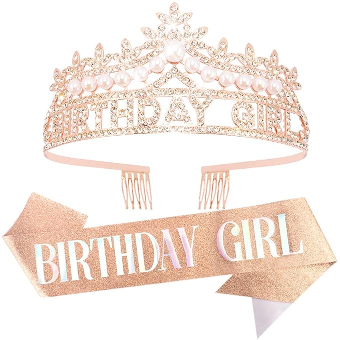 Rose Gold Birthday Girl Crown and Sash Pearl Birthday Tiara Rose Gold Birthday Decorations Set, Princess Crown Tiara for Women and Girls