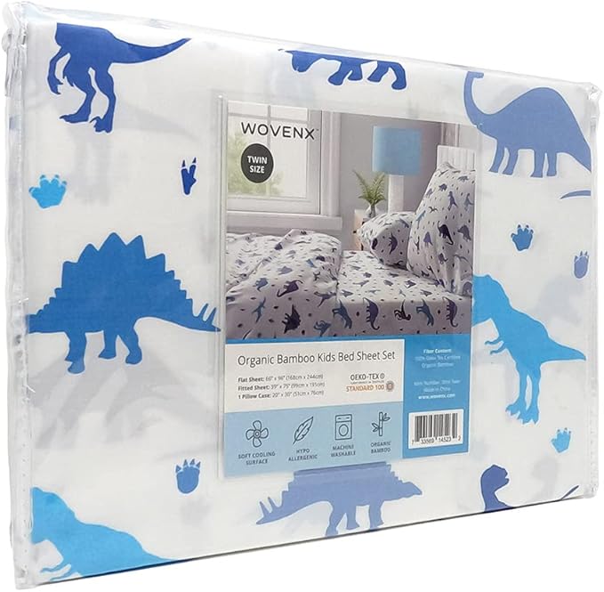 Kids Organic Viscose Derived from Bamboo Sheet Set | Twin or Full Size Fitted Bed Sheets | Oeko-Tex Certified | Cute Toddler Bedding for Girls & Boys Dino Twin
