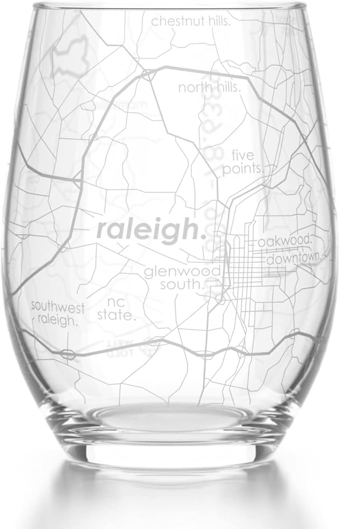 Well Told Engraved Raleigh North Carolina Map Stemless Wine Glass, Etched Glass (15 oz, Clear) City Custom Gifts for Lovers