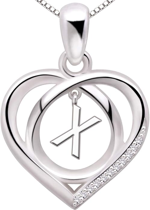 ALOV Jewelry Sterling Silver Initial Letter Alphabet Love Heart Cubic Zirconia Pendant Necklace
