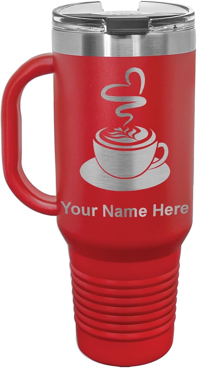 LaserGram 40oz Vacuum Insulated Travel Mug with Handle, Cup of Coffee, Personalized Engraving Included (Red)