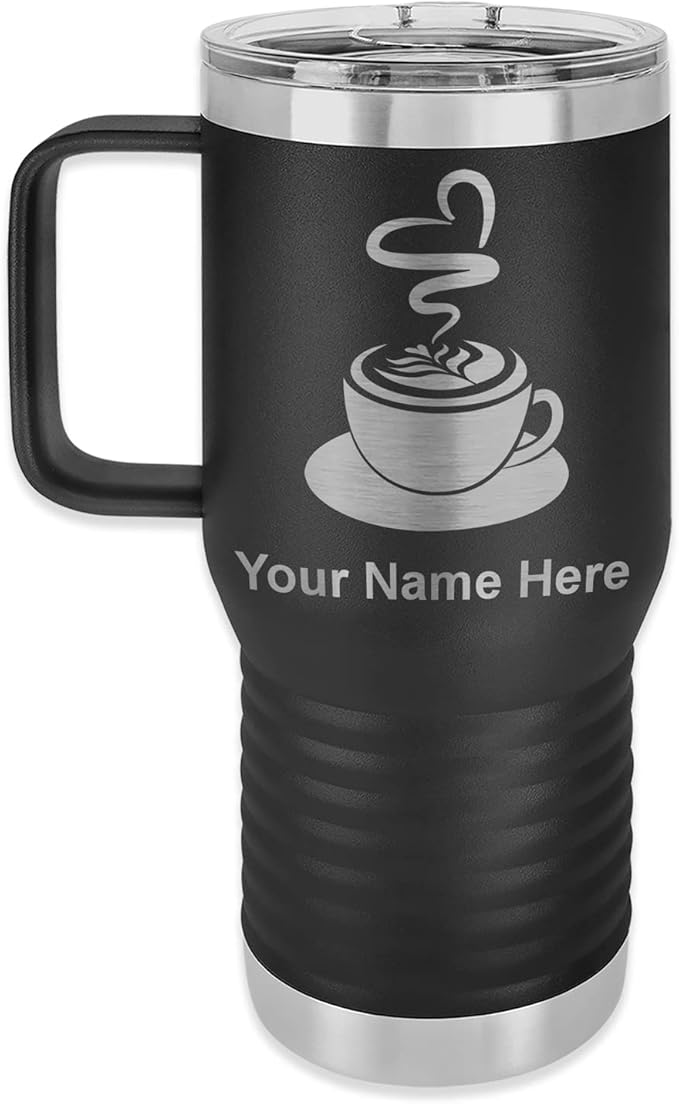 LaserGram 20oz Vacuum Insulated Travel Mug with Handle, Cup of Coffee, Personalized Engraving Included (Black)
