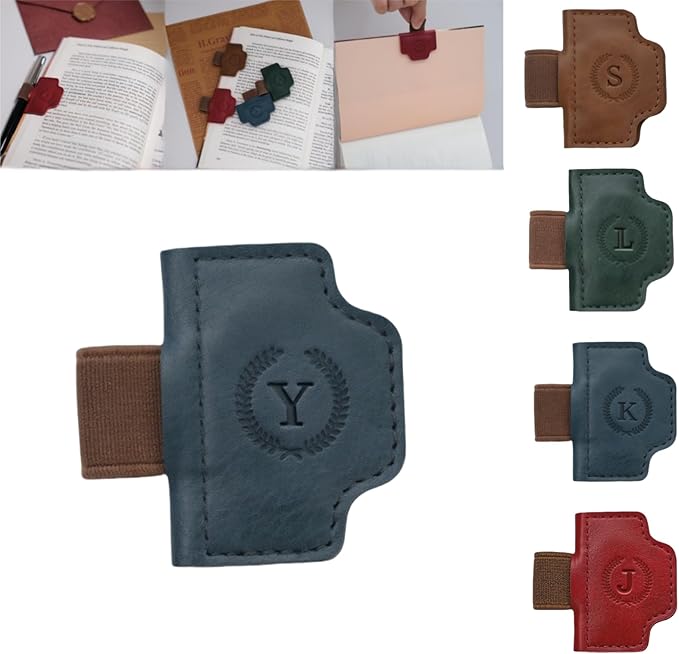 Personalized Magnetic Bygone Mark Bookmark with Pen Holder, 26 Letters Name Initial Custom Leather Book Mark for Women, Gifts for Book Lovers and Readers (Blue,Y)
