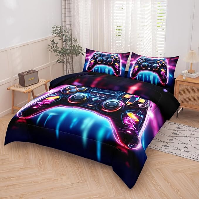 5PCS Gaming Comforter Sets Queen,Gaming Bedding Set for Boys Teens Kids,Game Controller Bed in a Bag with Flat Sheet Fitted Sheet Pillowcase,Queen Comforter Set for Boys