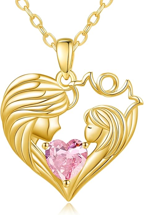 Mother and Daughter/Son Love Heart Necklace White Gold/14K Gold/Rose Gold Birthstone Jewelry Christmas Mothers Day Birthday Gifts For Mom Wife Grandma Women