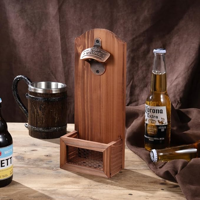 Bottle Opener with Cap Collector Catcher,Vintage Wooden Wall Mounted Bottle Opener，Ideal Gift for Men and Beer Lovers, Use as Bar Decoration (Beer O'Clock)