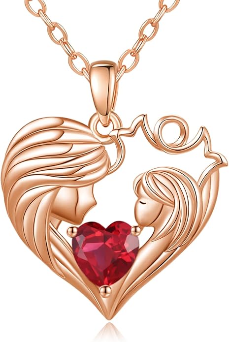 Mother and Daughter/Son Love Heart Necklace White Gold/14K Gold/Rose Gold Birthstone Jewelry Christmas Mothers Day Birthday Gifts For Mom Wife Grandma Women