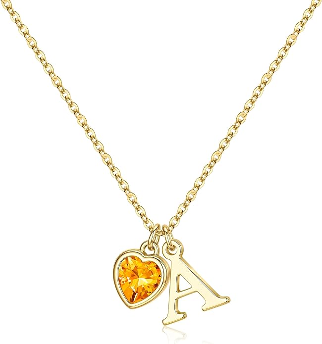 Turandoss Valentines Day Gifts for Her Trendy, Dainty 14K Gold Plated Initial A-Z Heart Birthstone Pendant Necklace Personalized Bridesmaid Birthday Valentines Jewelry Gifts for Women Girls