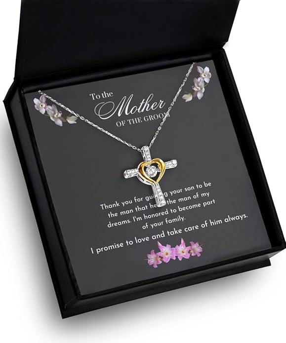 Mother of the Groom Gifts from Bride (.925) Stirling Silver Cross Necklace, Gift for Moms on Wedding Day Card and Jewelry, Mother in Law Wedding Gift from Bride