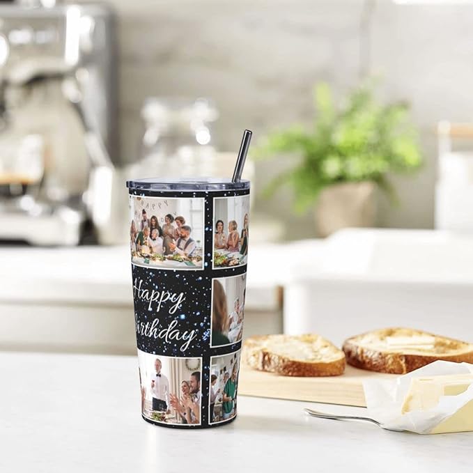 Personalized Custom tumbler Coffee Mug with Lid and Straw Hot and Cold Stainless Steel Vacuum Insulated Travel Mug with Photo Personalized tumbler Gift (20 oz, Funnel, 8 photos)