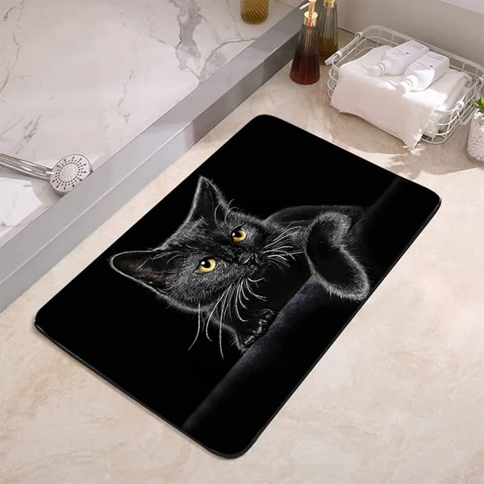 Cute Black Cat Bathroom Mat, Non-Slip Super Absorption Bath Carpet with Rubber Backing, Fit Under Bathroom Doormat Floor Rugs for Shower Buthtub Sink, 17"x24"