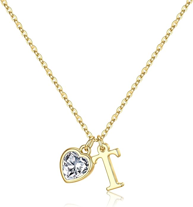 Turandoss Valentines Day Gifts for Her Trendy, Dainty 14K Gold Plated Initial A-Z Heart Birthstone Pendant Necklace Personalized Bridesmaid Birthday Valentines Jewelry Gifts for Women Girls