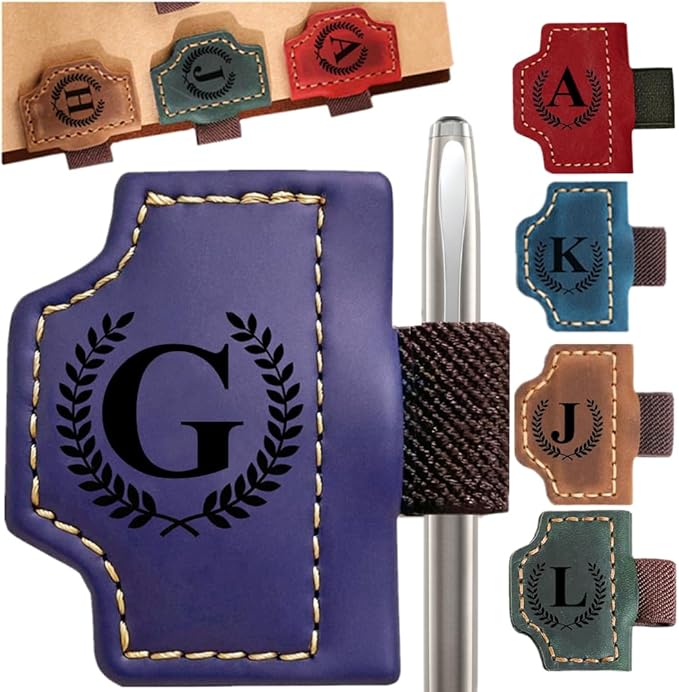 Custom Bookmark with Pen Holder with 26 Letters Personalized Magnetic Leather Book Mark, Customized Name Book Marker Clip with Initial for Men Women, Gifts for Book Lovers, Readers, (Purple, G)