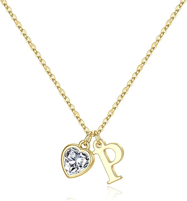 Turandoss Valentines Day Gifts for Her Trendy, Dainty 14K Gold Plated Initial A-Z Heart Birthstone Pendant Necklace Personalized Bridesmaid Birthday Valentines Jewelry Gifts for Women Girls