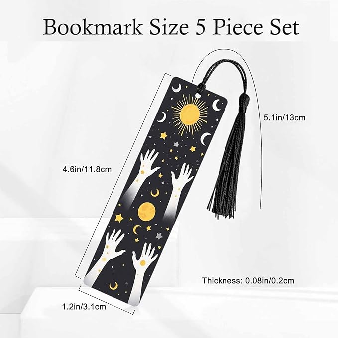 Halloween Bookmarks 5 Pcs with Tassels Bright Stars Moon Hands Mysterious Wooden Bookmarks for Reading Women Students Teacher Reader