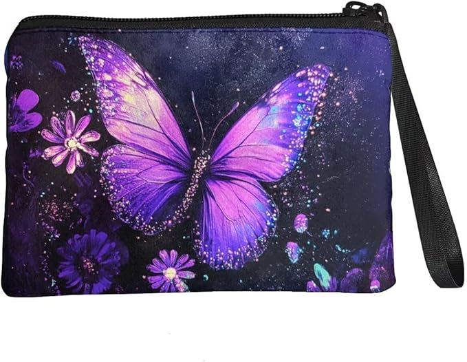 Dolyues Purple Zipper Coin Pouch Butterfly Small Womens Wallet With Coin Purse Womens Change Purse Trendy Money Bag Wristlet Desgin Coin Pouch