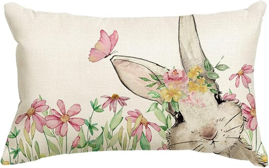 AVOIN colorlife Easter Floral Garland Bunny Throw Pillow Cover, 12 x 20 Inch Spring Rabbit Holiday Cushion Case Decoration for Sofa Couch