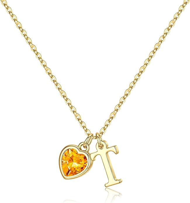 Turandoss Valentines Day Gifts for Her Trendy, Dainty 14K Gold Plated Initial A-Z Heart Birthstone Pendant Necklace Personalized Bridesmaid Birthday Valentines Jewelry Gifts for Women Girls