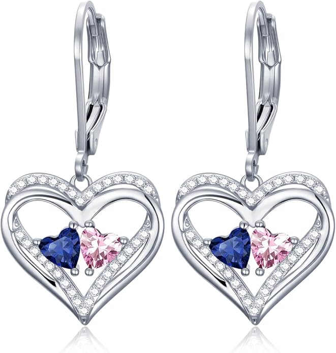 Heart Leverback Earrings Double Birthstone Dangle Earrings for Women, Love Jewelry for Her, Christmas Gifts for Women, Anniversary Birthday Gift for Mom Wife Girlfriend