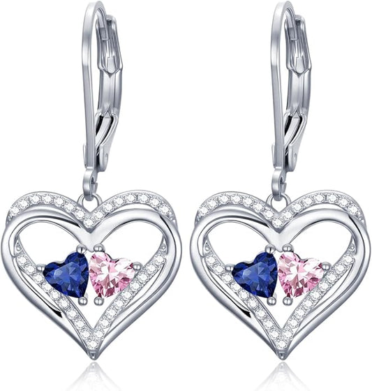 Heart Leverback Earrings Double Birthstone Dangle Earrings for Women, Love Jewelry for Her, Christmas Gifts for Women, Anniversary Birthday Gift for Mom Wife Girlfriend