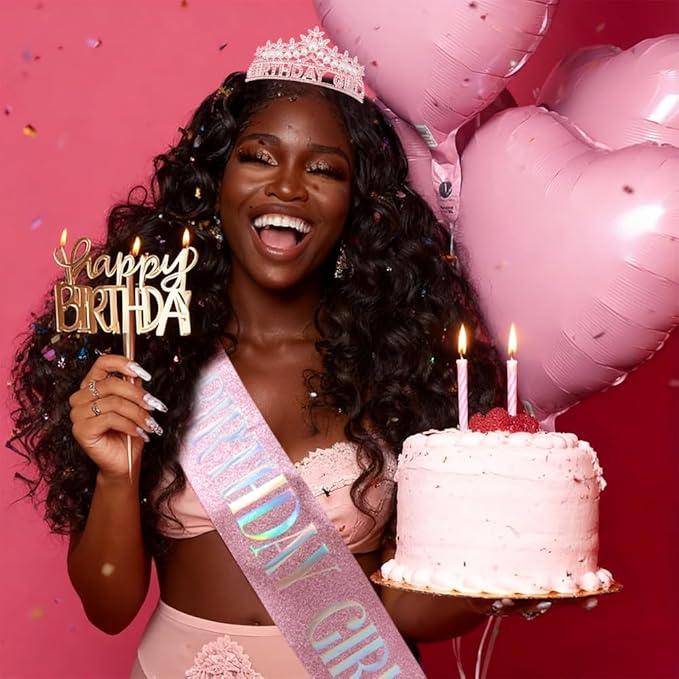 Pink Birthday Girl Crown and Sash, Pearl Birthdays tiara Pink Birthday Decorations Set, Princess Crown Tiara for Women and Girls